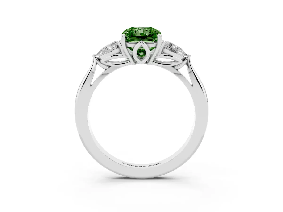 Fancy Green Three-Stone Radiant Cut Brilliant Diamond Solitaire Ring with Tapered Band and Four-Prong Setting Silver