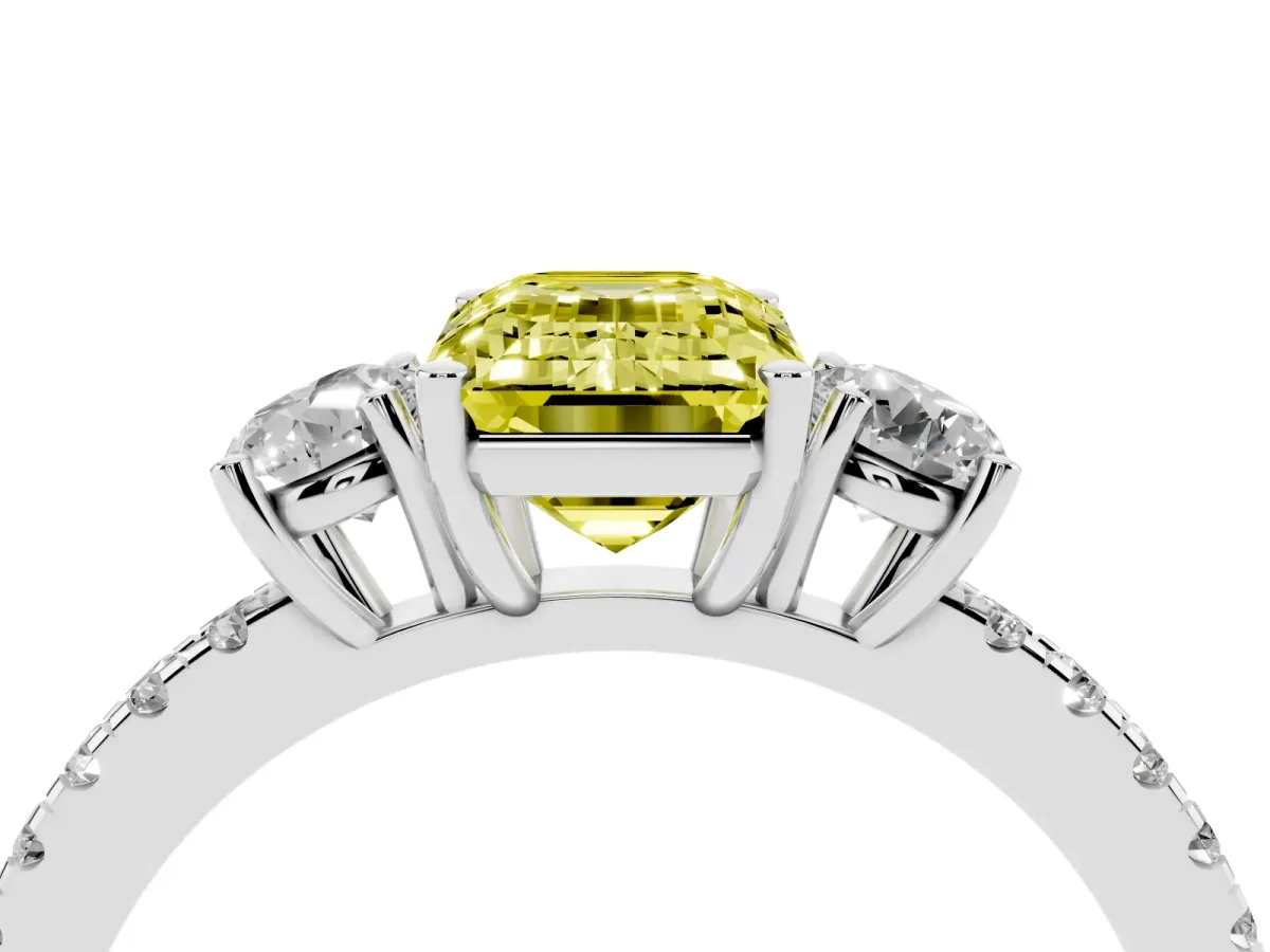 Fancy Yellow Three-Stone Emerald Cut Cut Diamond Pavé Band with Prong Setting Silver