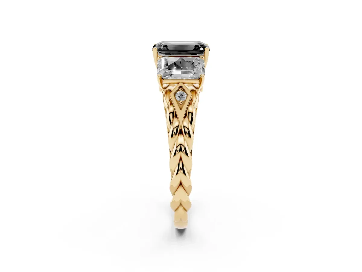 Fancy Black Three-Stone Radiant Cut Diamond Braided Band Ring with Four-Prong Setting Yellow gold