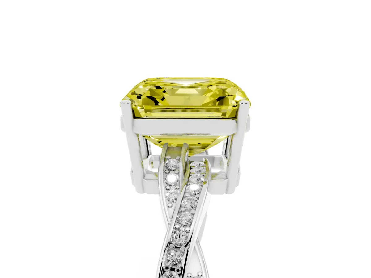Fancy Yellow Asscher Cut Solitaire Twisted Pave Diamond Ring with Four-Prong Setting Silver