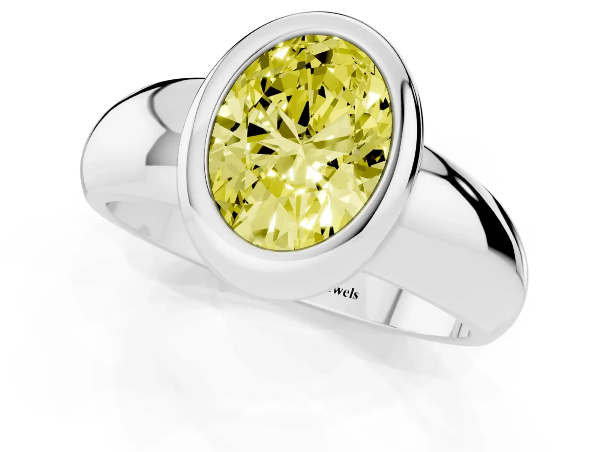 Fancy Yellow Bezel Set Oval Cut Solitaire Ring with Wide Band Platinum