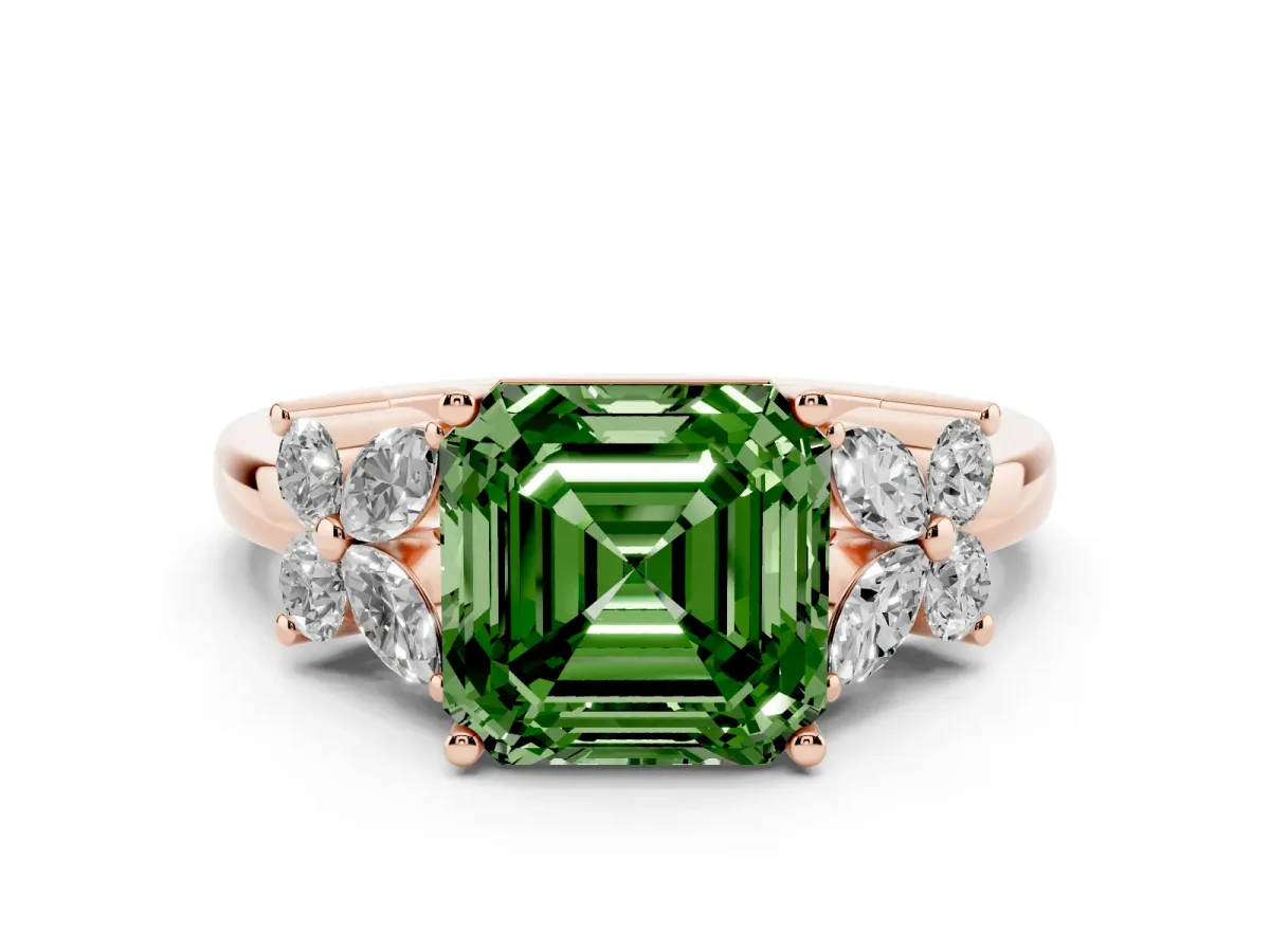 Fancy Green Asscher Cut Diamond Floral Cluster Ring with Solitaire Band and Prong Setting Rose gold
