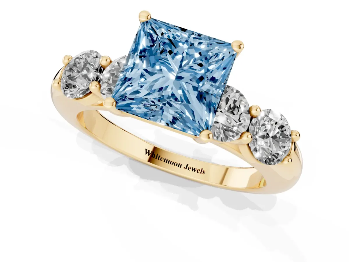 Fancy Blue Princess Cut Cut Five-Stone Prong Set Diamond Ring with Classic Band Yellow gold
