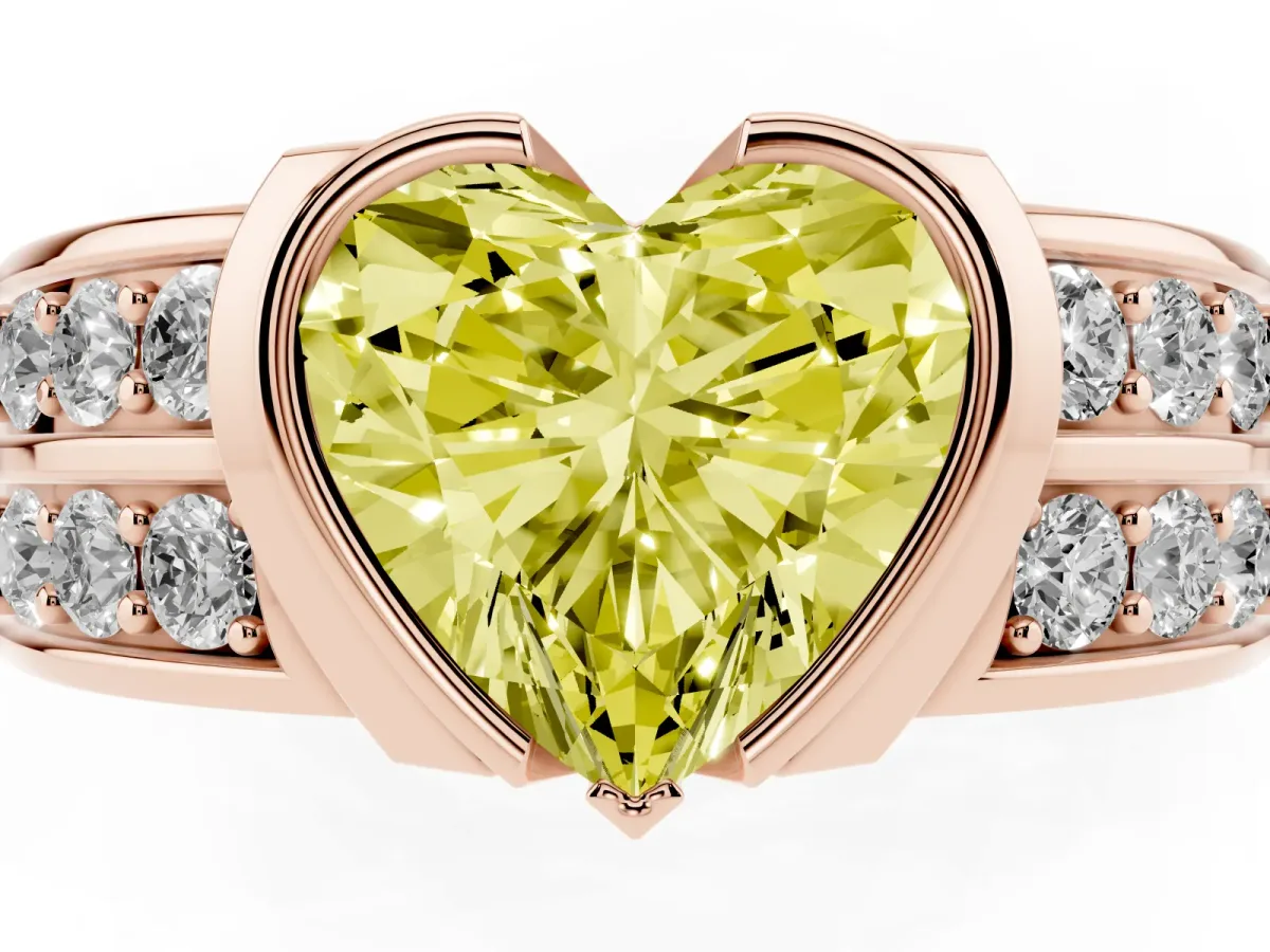 Fancy Yellow Heart Cut Brilliant Diamond Channel Set Wide Band Ring with Bezel Setting Rose gold