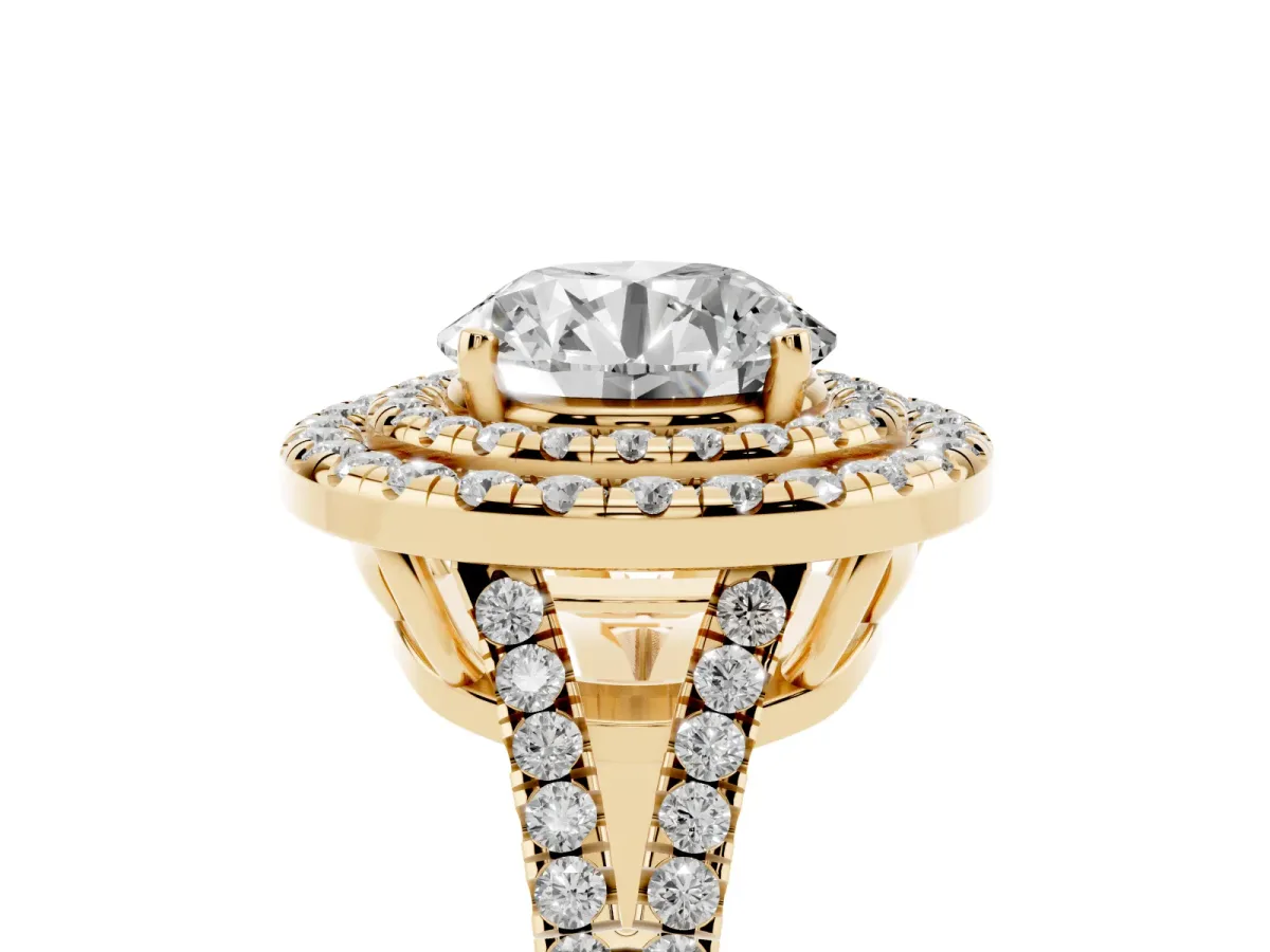 Round Cut Diamond Double Halo Ring with Pavé Band and Prong Setting Yellow gold