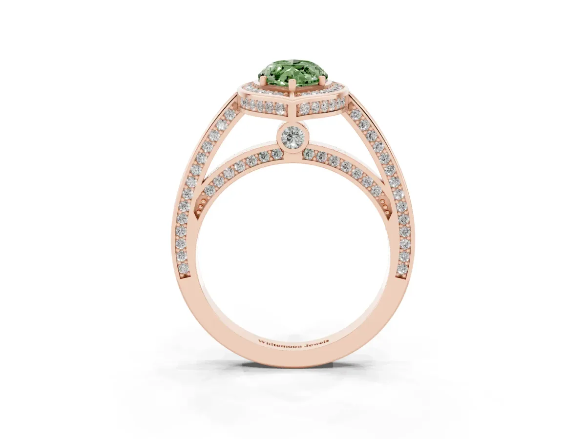 Fancy Green Marquise Cut Cut Halo Pave Split Shank Prong Setting Ring Rose gold