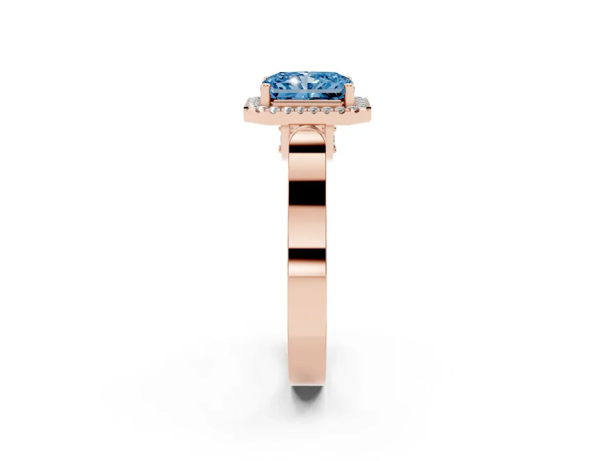Fancy Blue Radiant Cut Halo Pave Split Shank Prong Setting Ring Rose gold