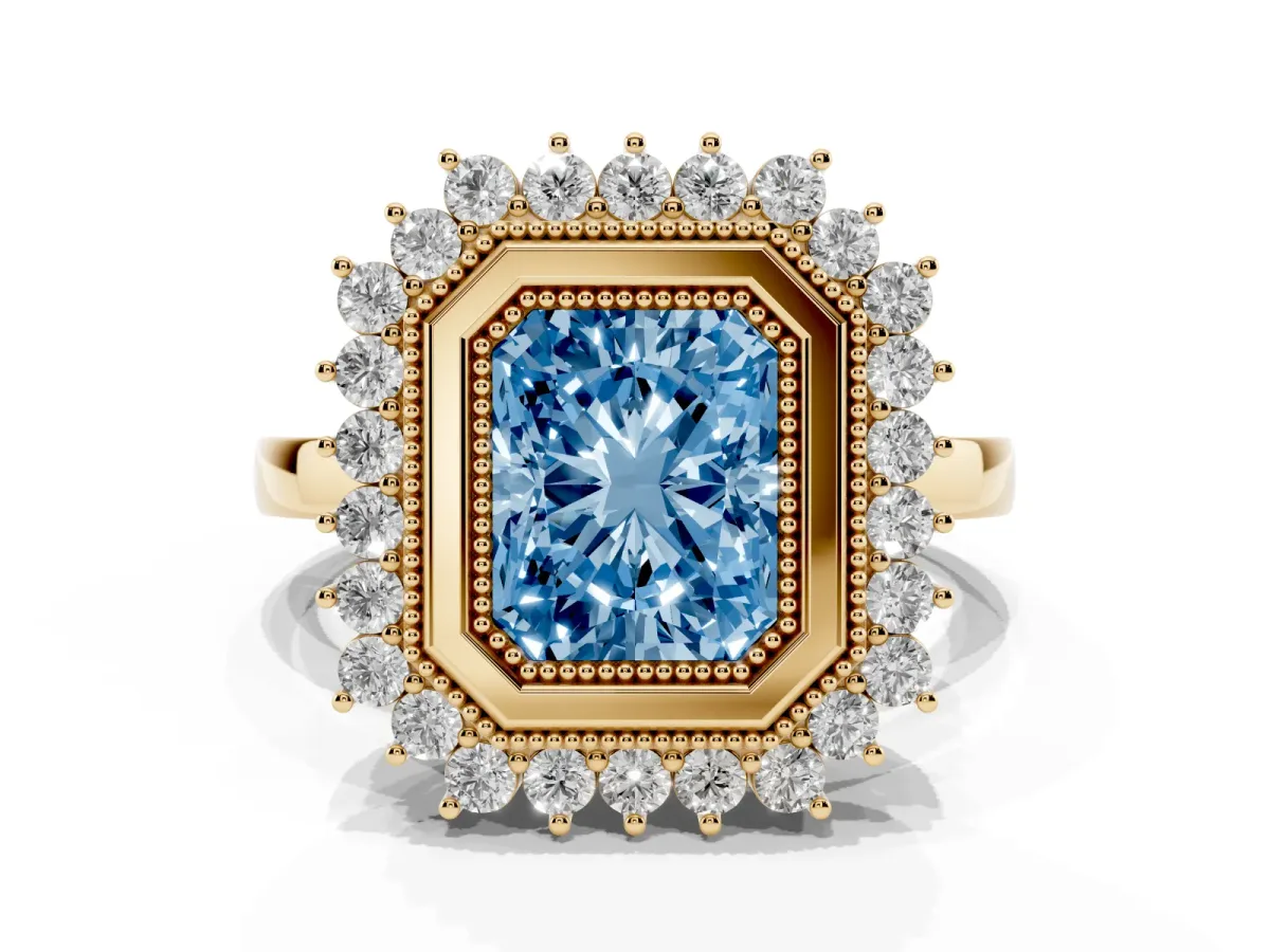 Fancy Blue Radiant Cut Halo Diamond Ring with Milgrain Edge and Round Prong Setting Yellow gold