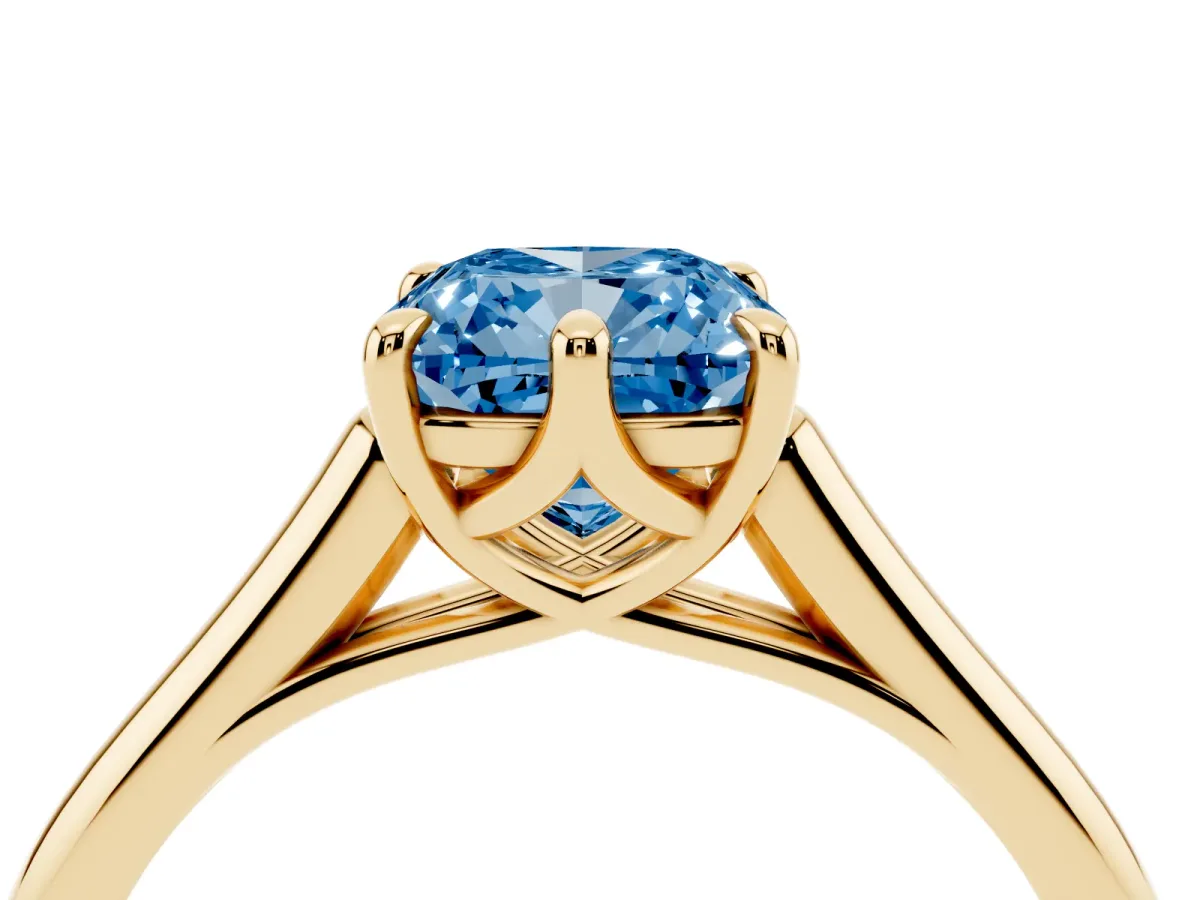 Fancy Blue Cushion Cut Solitaire Engagement Ring with Six-Prong Setting and Classic Band Yellow gold
