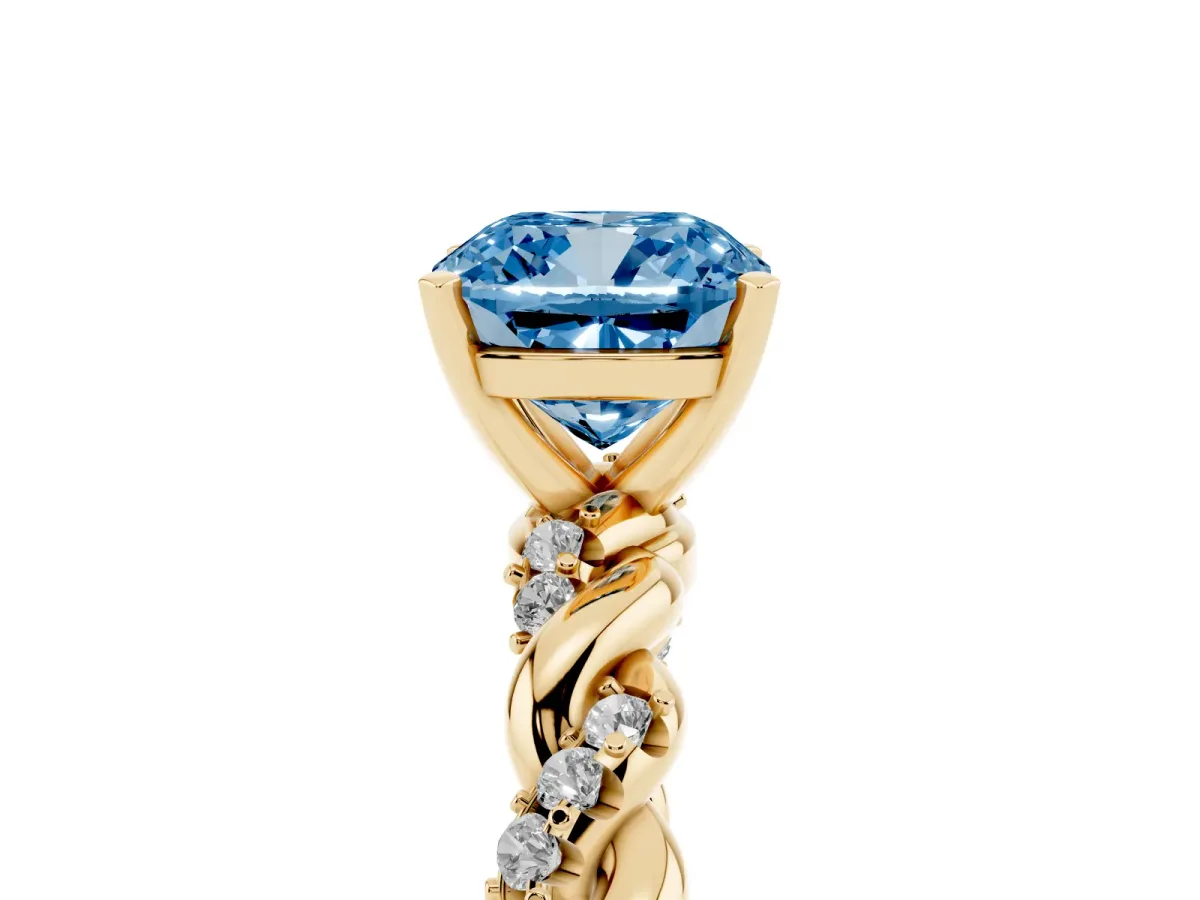 Fancy Blue Cushion Cut Diamond Solitaire Ring with Twisted Band and Pavé Accents Yellow gold