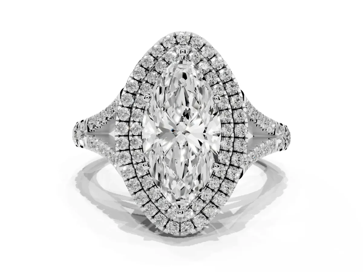 Marquise Cut Diamond Pavé Split Shank Double Halo Engagement Ring Silver