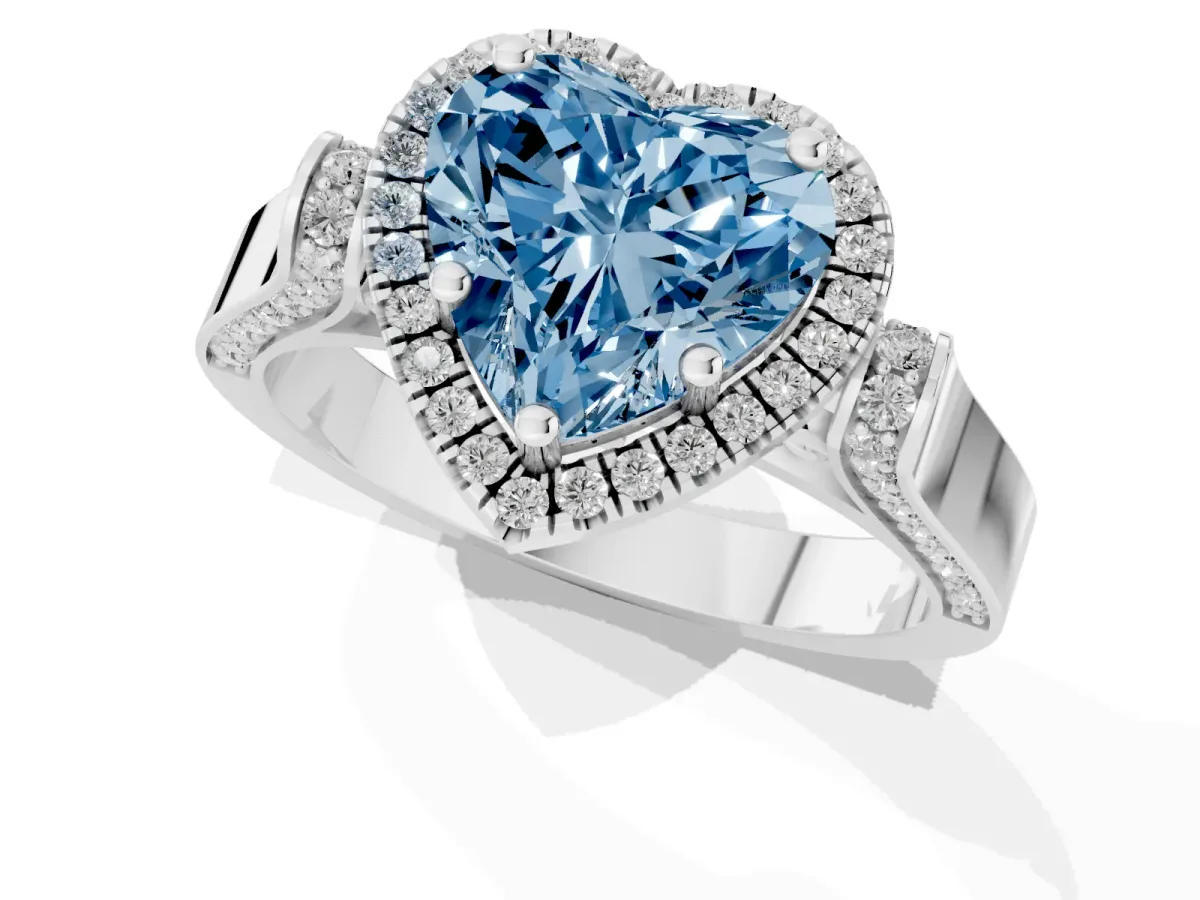 Fancy Blue Heart Cut Halo Round Diamond Twist Band with Four-Prong Setting Silver
