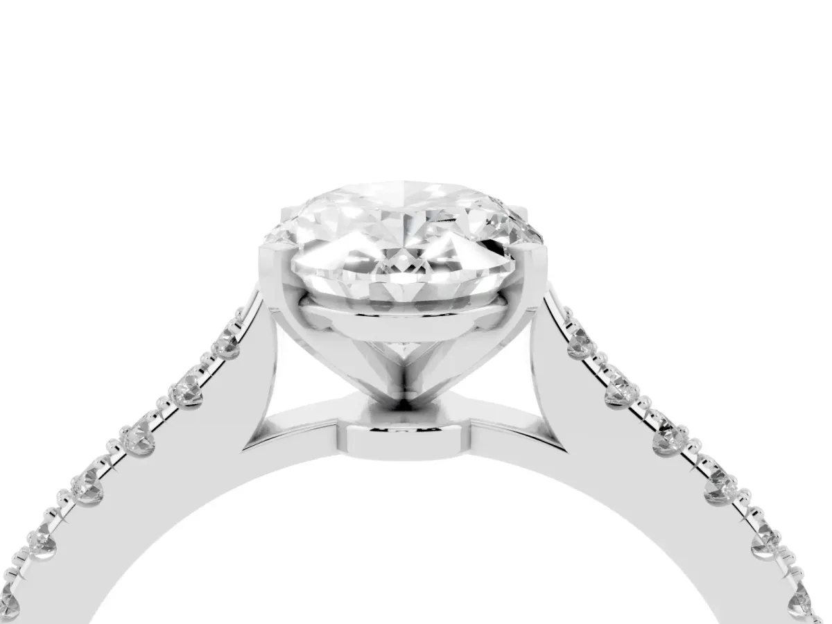 Oval Cut Cut Solitaire Diamond Engagement Ring with Pave Band and Four-Prong Setting Silver