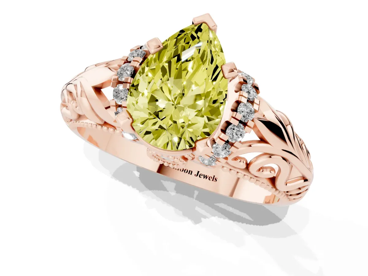 Fancy Yellow Pear Cut Solitaire Filigree Engagement Ring with Halo and Prong Setting Rose gold