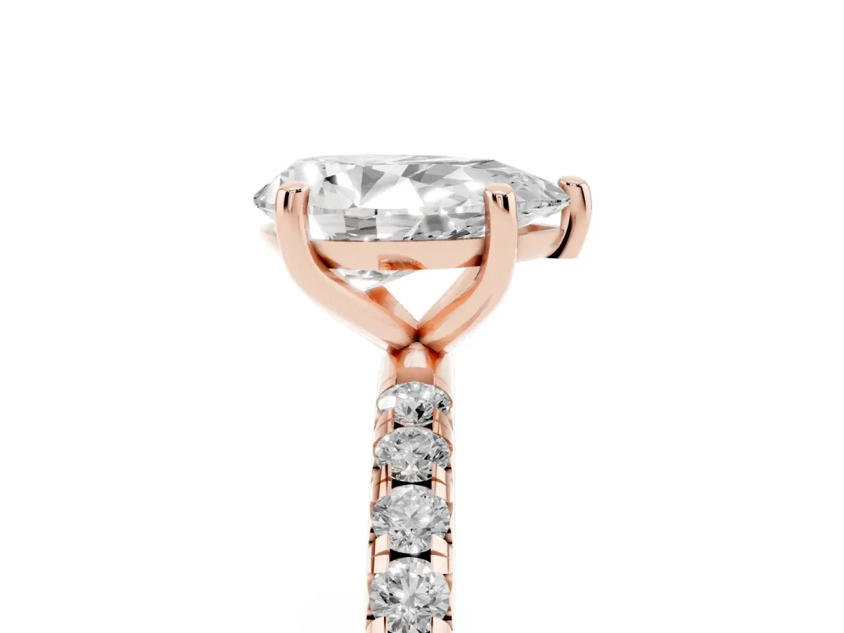 Pear Cut Cut Diamond Solitaire Ring with Micro Pave Band and Four Prong Setting Rose gold