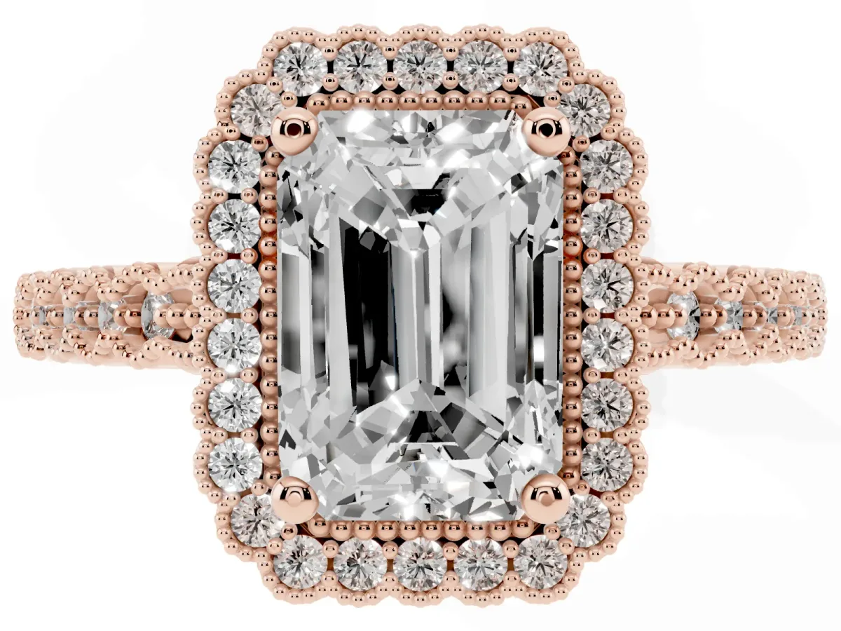 Radiant Cut Cut Halo Pavé Solitaire Ring with Milgrain Band Rose gold