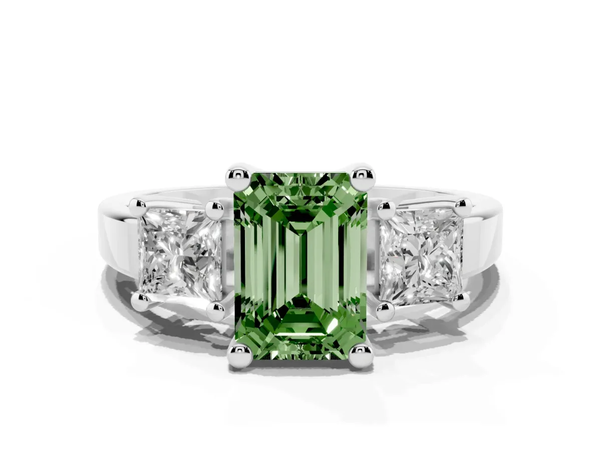 Fancy Green Three-Stone Emerald Cut Cut Solitaire Ring with Prong Setting Platinum
