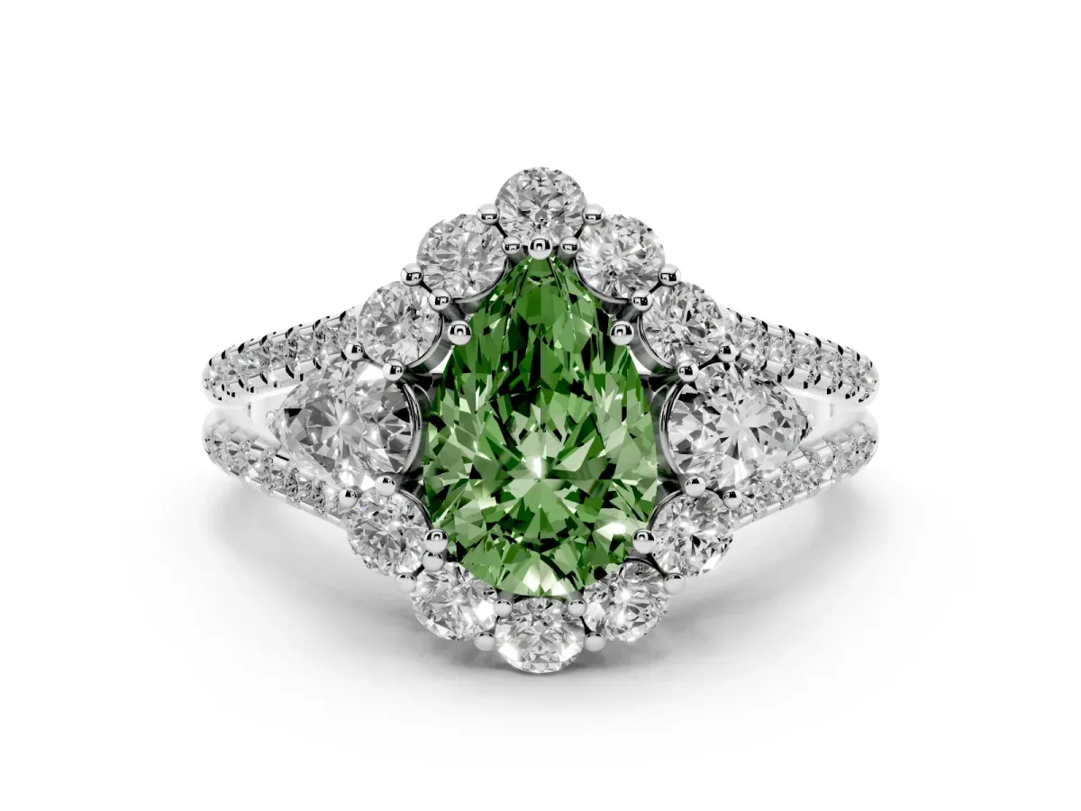 Fancy Green Pear Cut Halo Split Shank Diamond Engagement Ring with Prong Setting Platinum