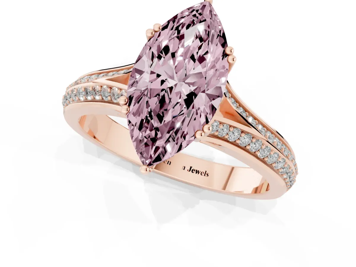 Fancy Pink Marquise Cut Diamond Split Shank Engagement Ring with Pavé Band Rose gold