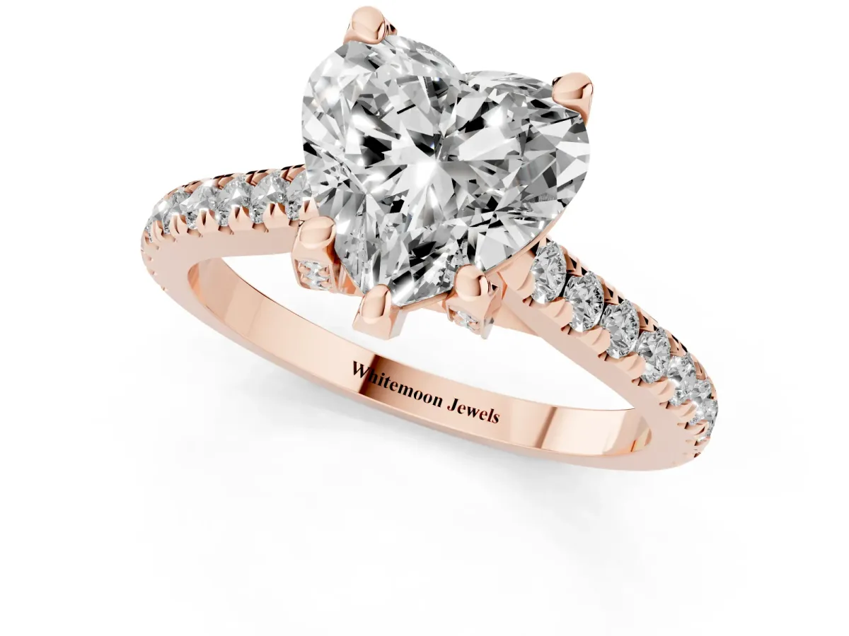 Heart Cut Brilliant Diamond Solitaire with Pavé Band and Four-Prong Setting Rose gold