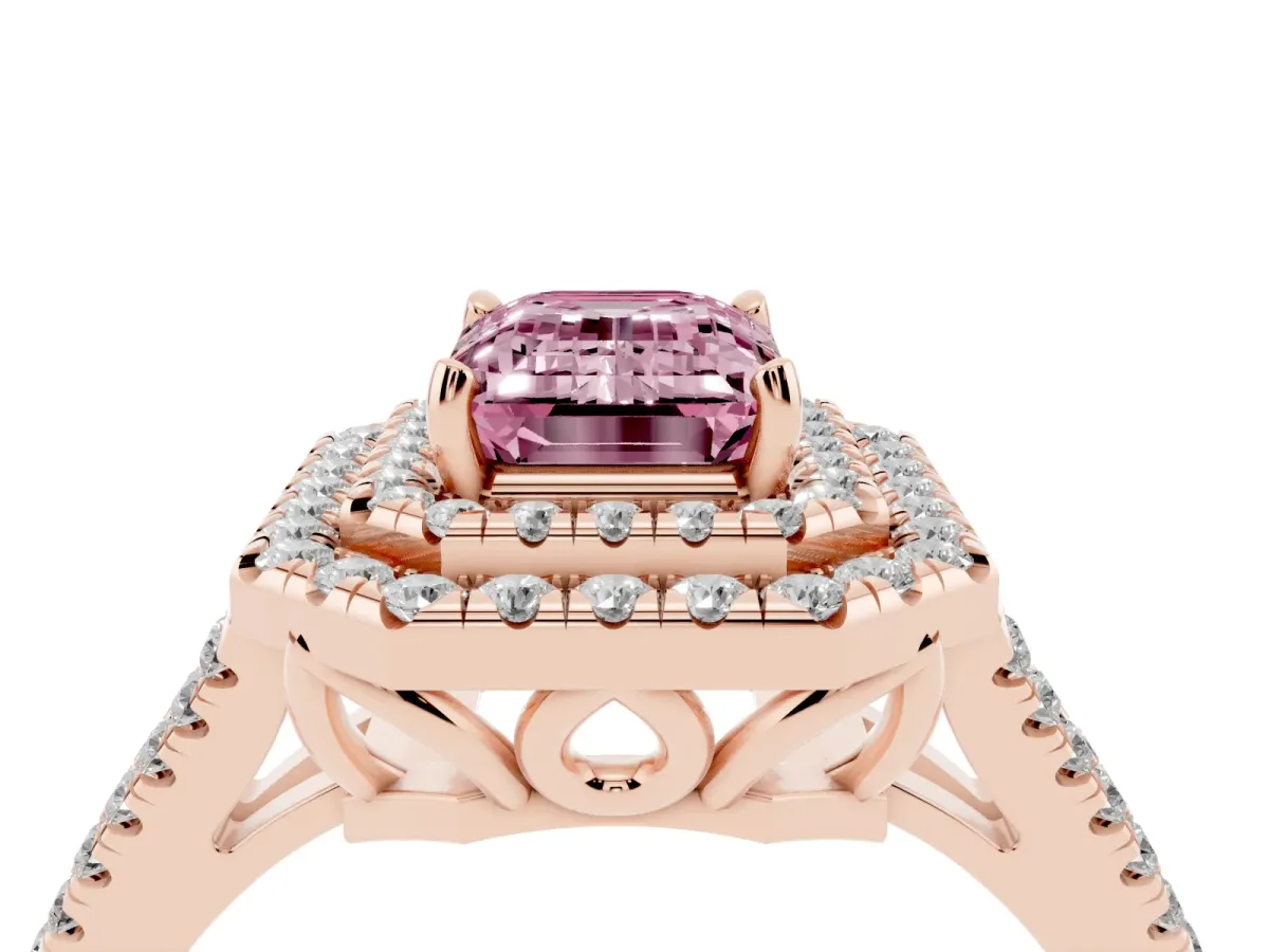 Fancy Pink Emerald Cut Diamond Double Halo Ring with Pavé Band and Prong Setting Rose gold