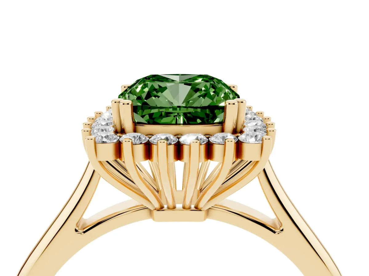 Fancy Green Cushion Cut Cut Diamond Halo Ring with Solitaire Band and Prong Setting Yellow gold
