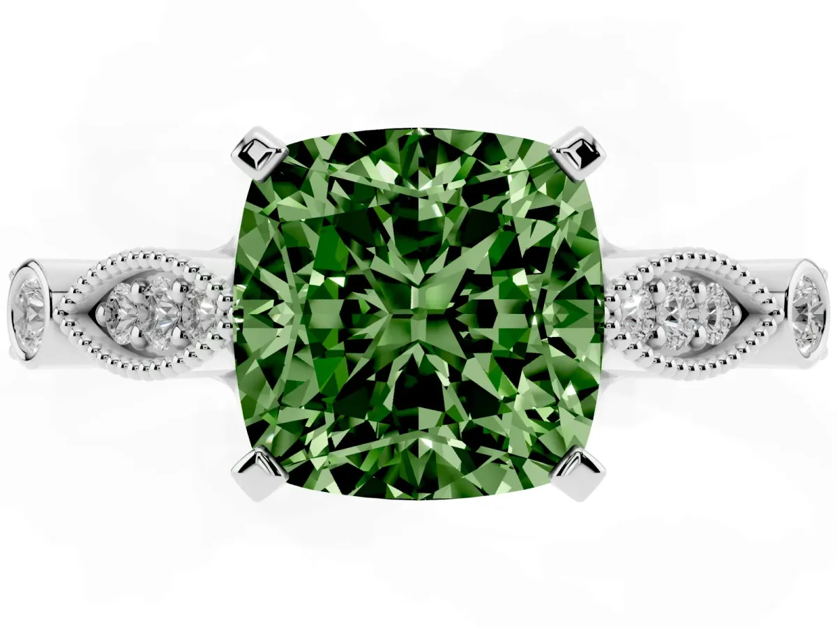 Fancy Green Cushion Cut Cut Diamond with Milgrain Marquise and Bezel Accents on a Solitaire Band with Prong Setting White gold