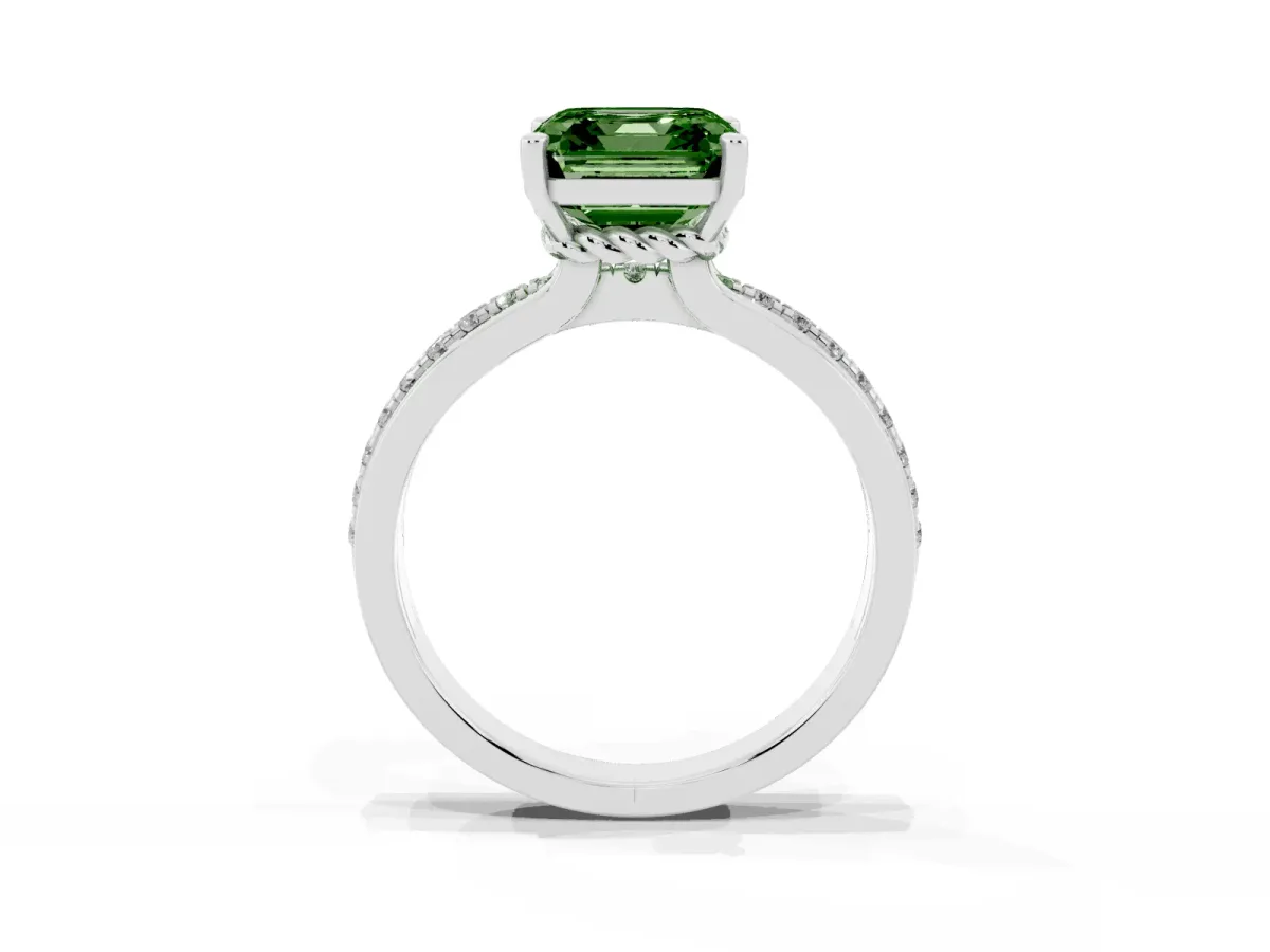 Fancy Green Asscher Cut Solitaire Diamond Ring with Channel Set Band and Six-Prong Setting Platinum