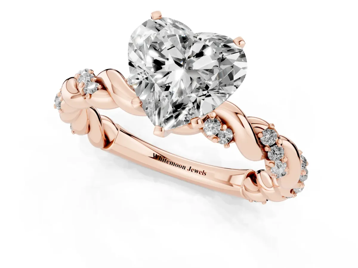 Heart Cut Diamond Solitaire Ring with Twisted Band and Pavé Accents Rose gold