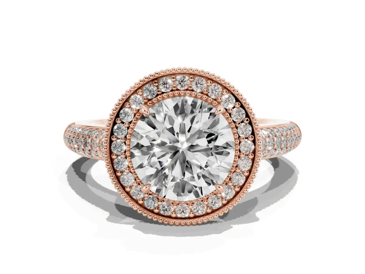 Round Cut Cut Halo Diamond Pave Band with Four-Prong Setting Rose gold