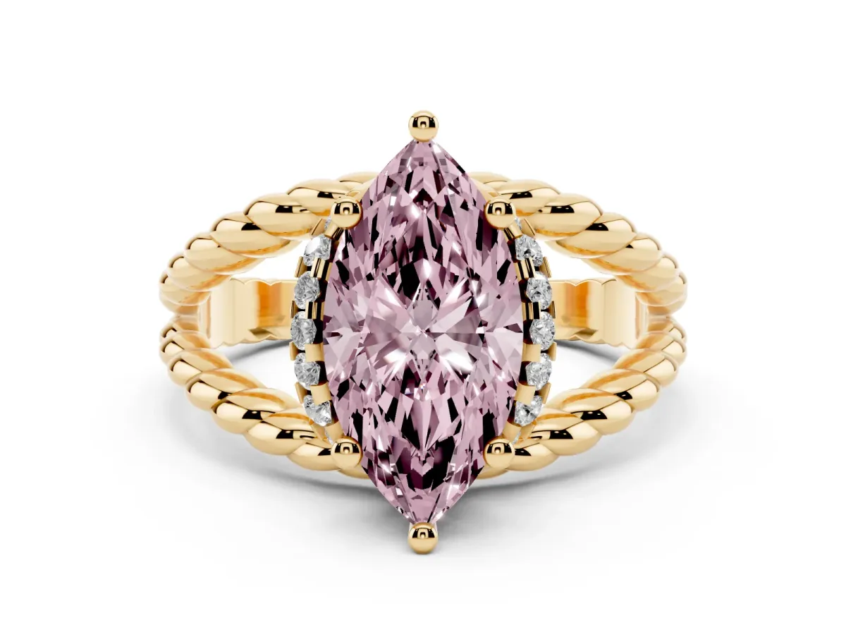 Fancy Pink Marquise Cut Halo Twisted Band Four-Prong Ring Yellow gold