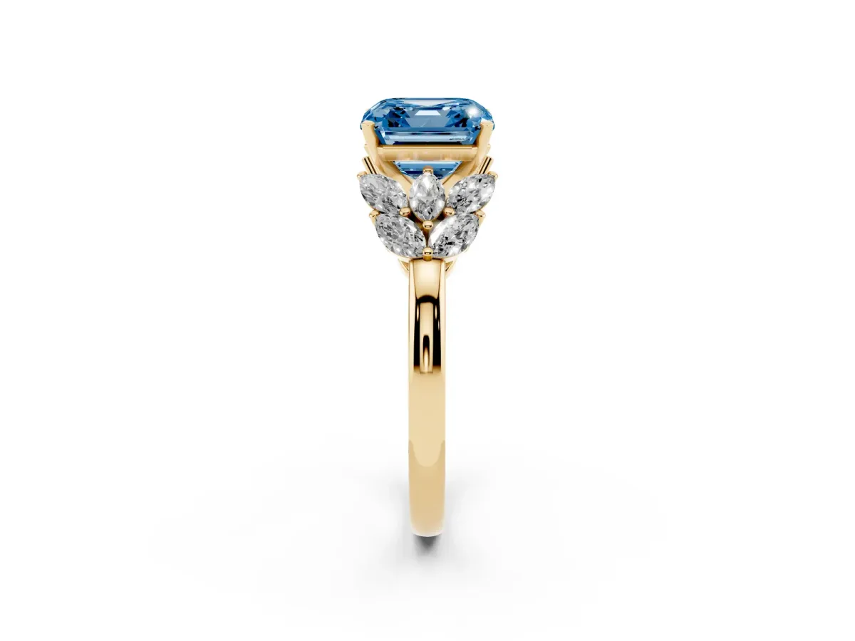Fancy Blue Asscher Cut Diamond Cluster Leaf Design Ring with Prong Setting Yellow gold