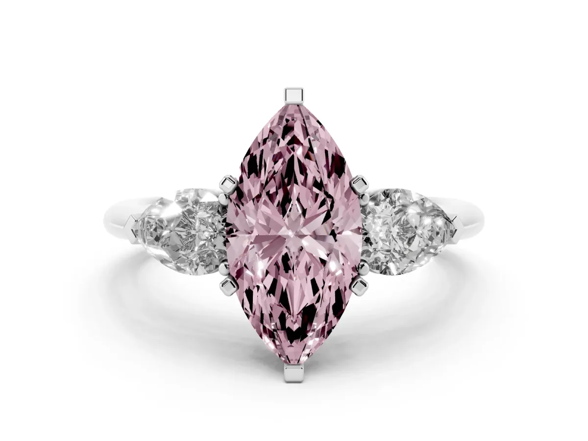 Fancy Pink Three-Stone Marquise Cut Diamond Ring with Pear Side Stones and Four-Prong Setting Silver