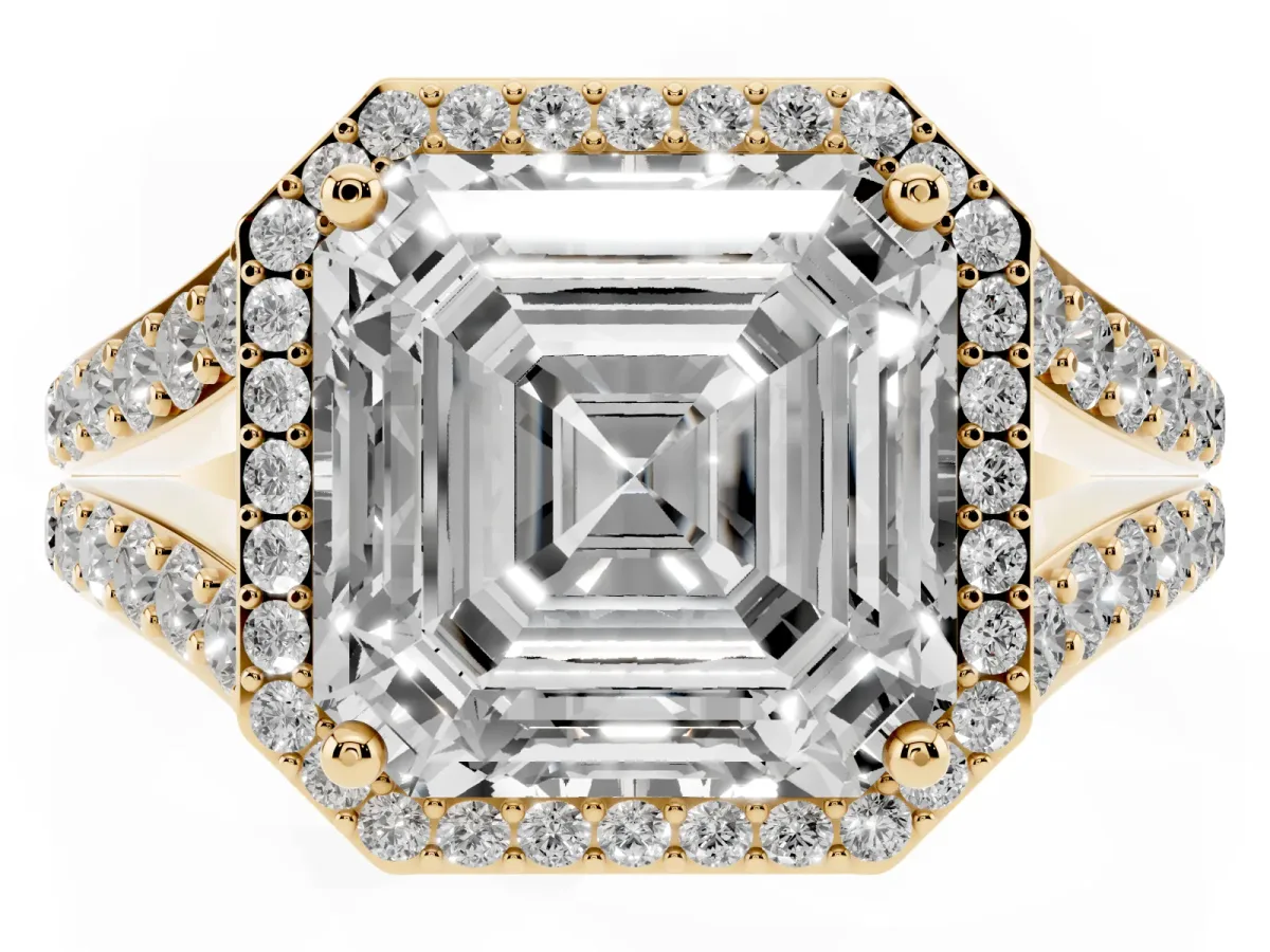 Asscher Cut Diamond Split Shank Halo Ring with Four-Prong Setting Yellow gold
