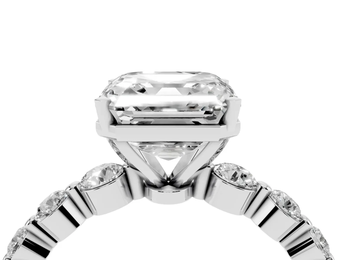 Asscher Cut Solitaire Diamond Ring with Pave Band and Four-Prong Setting Silver