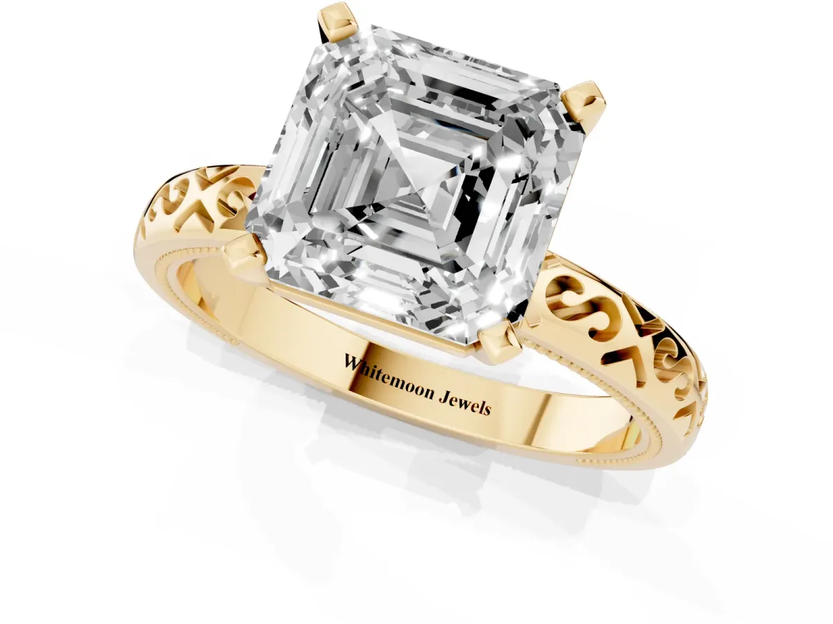 Asscher Cut Solitaire Engagement Ring with Scrollwork Band and Four-Prong Setting Yellow gold