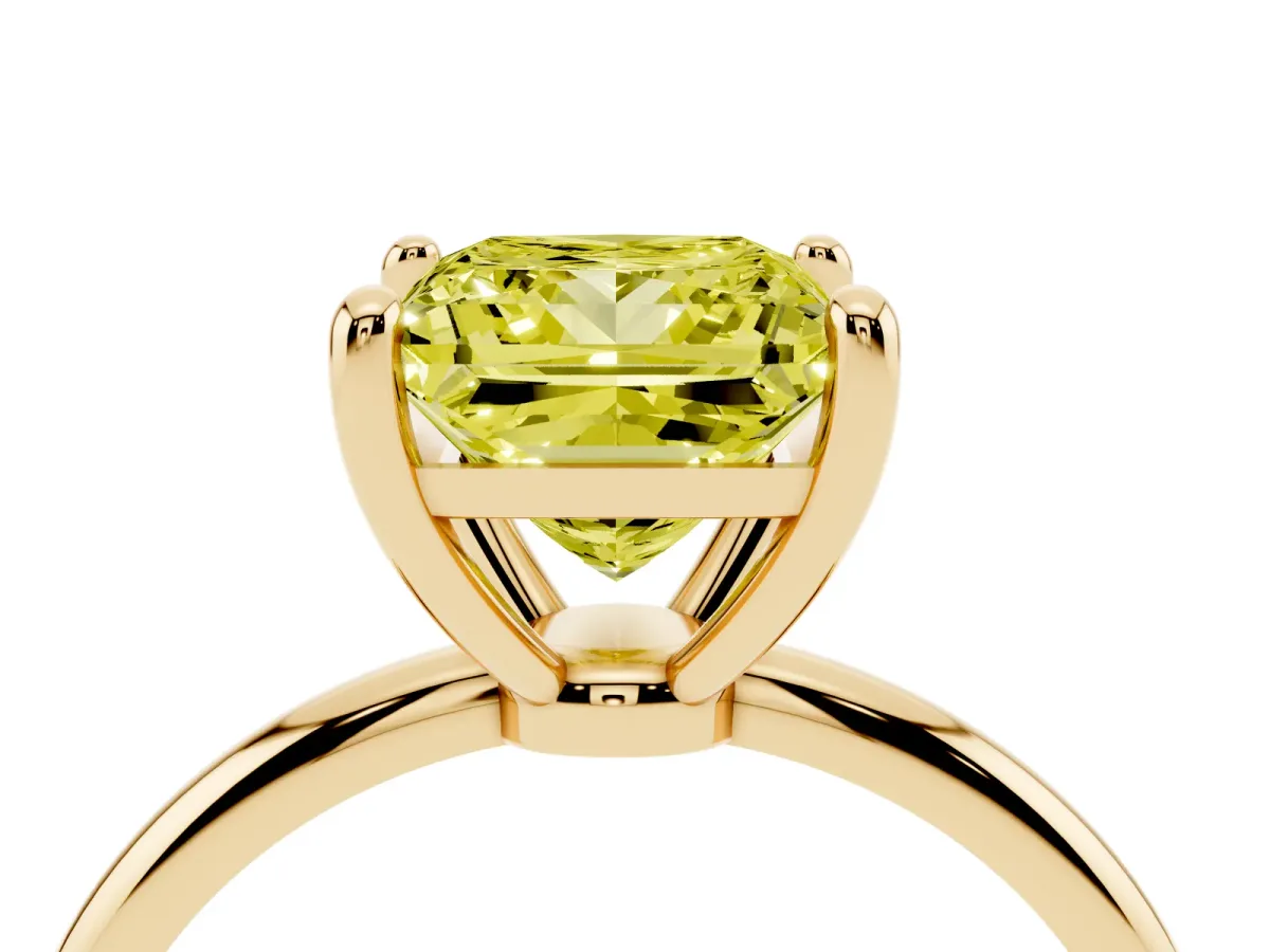 Fancy Yellow Princess Cut Solitaire Diamond Ring with 4-Prong Setting on a Classic Band Yellow gold