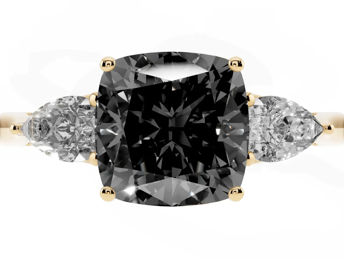Fancy Black Three-Stone Cushion Cut Brilliant Diamond Solitaire Ring with Tapered Band and Four-Prong Setting Yellow gold