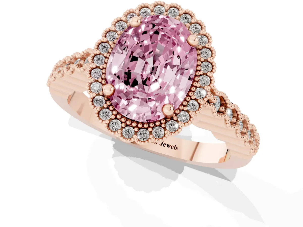 Fancy Pink Oval Cut Cut Halo Pavé Solitaire Ring with Milgrain Band Rose gold