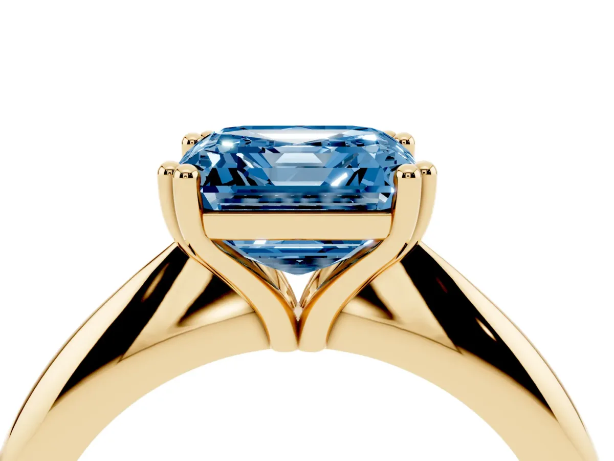Fancy Blue Asscher Cut Cut Solitaire Engagement Ring with Tapered Band and Four-Prong Setting Yellow gold