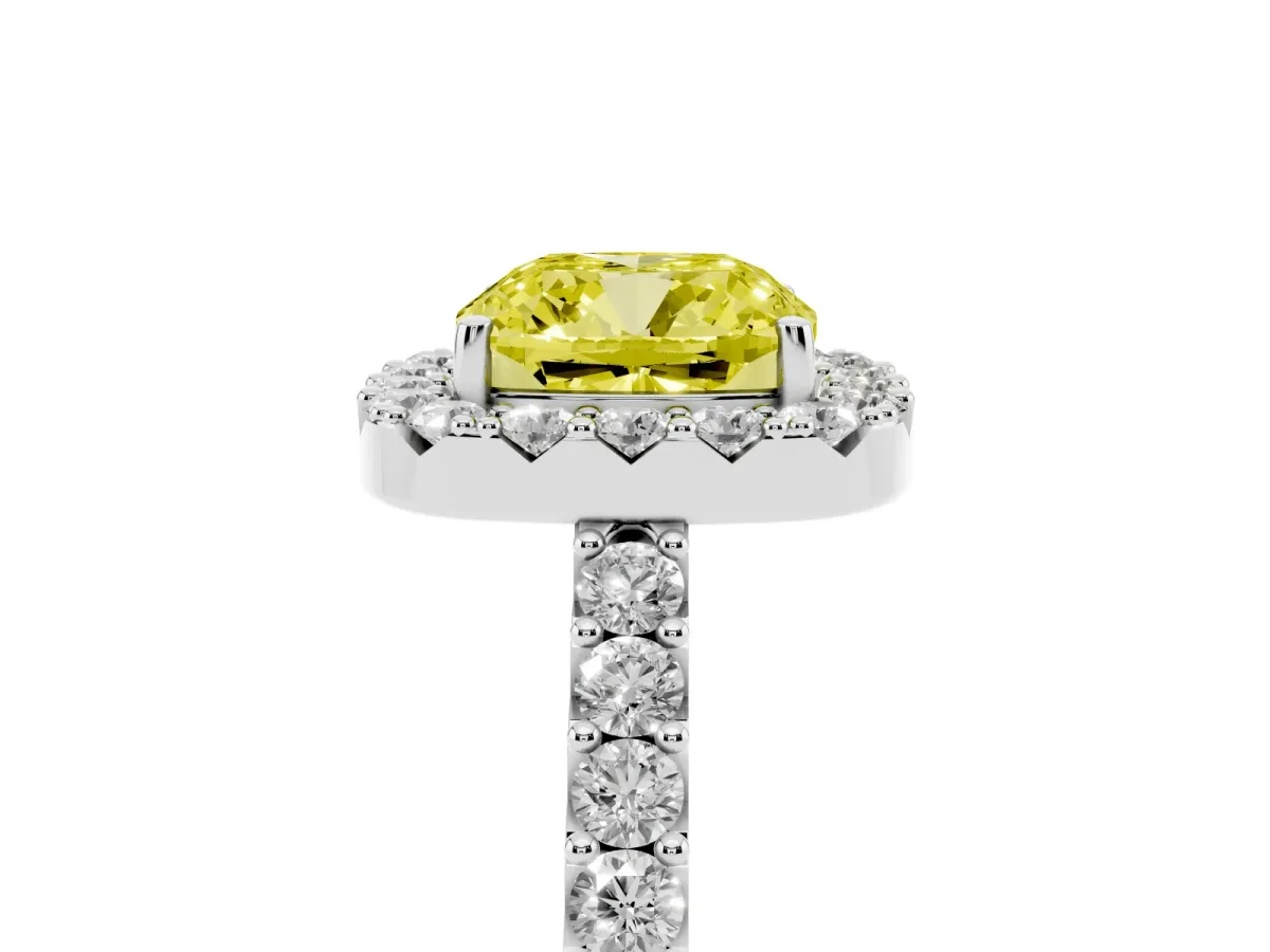 Fancy Yellow Cushion Cut Halo Diamond Pavé Solitaire Ring Platinum