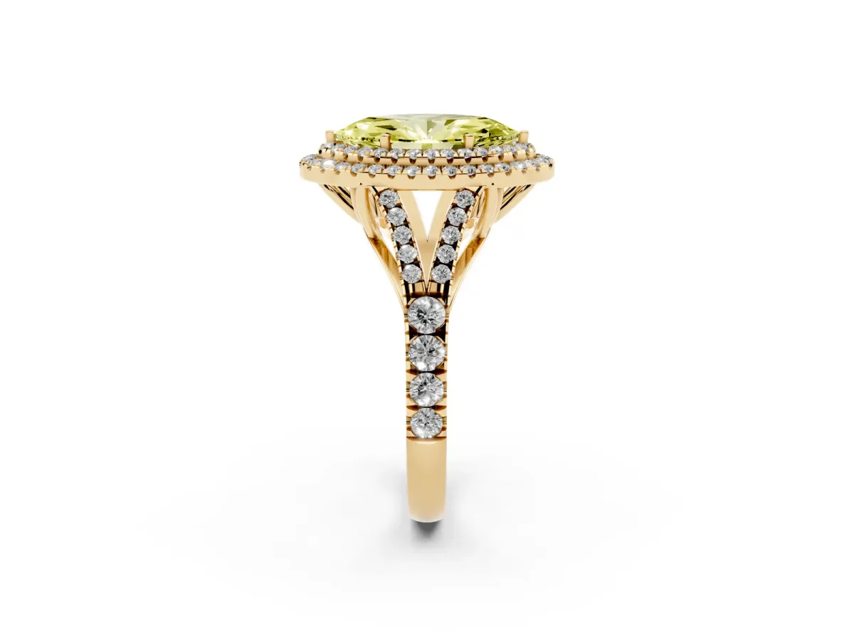 Fancy Yellow Marquise Cut Diamond Pavé Split Shank Double Halo Engagement Ring Yellow gold