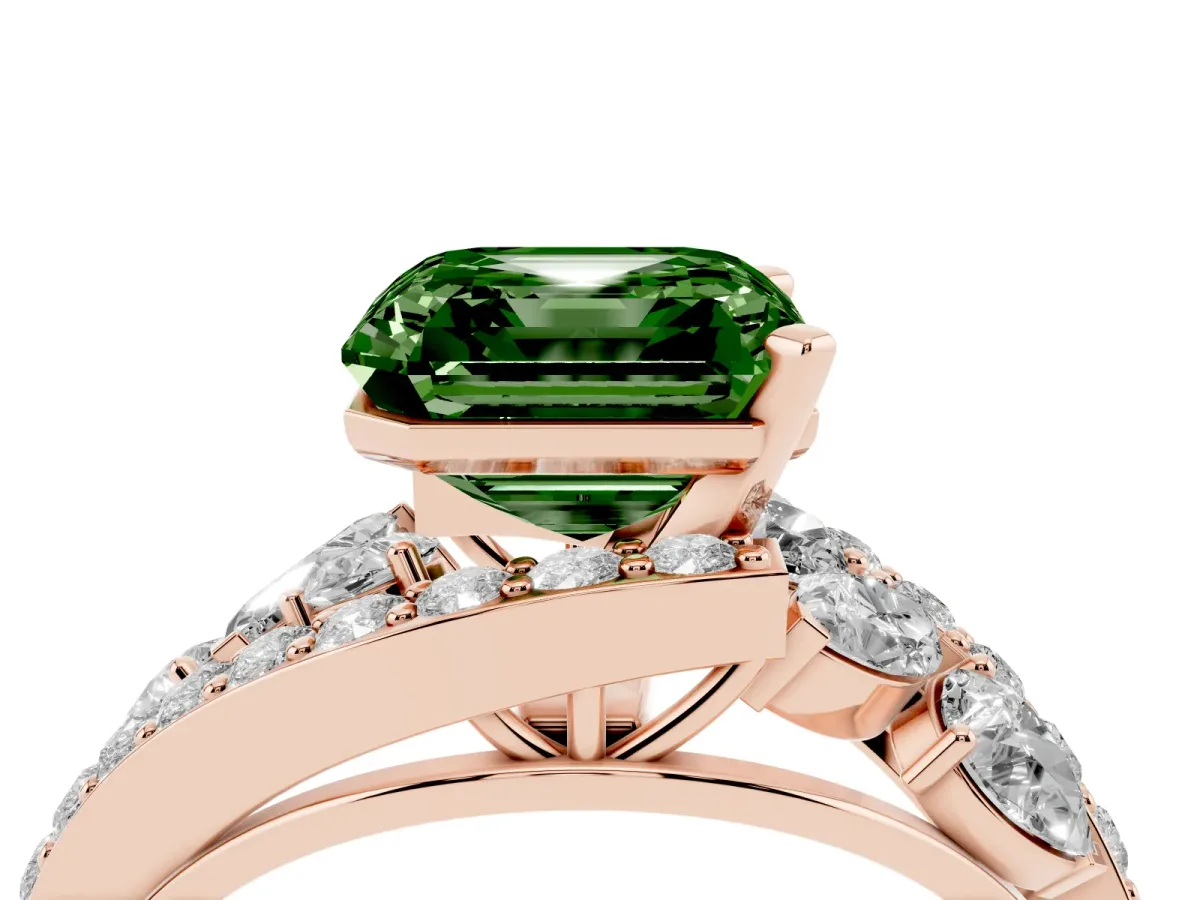 Fancy Green Asscher Cut Diamond Halo Ring with Marquise and Pavé Band in Prong Setting Rose gold