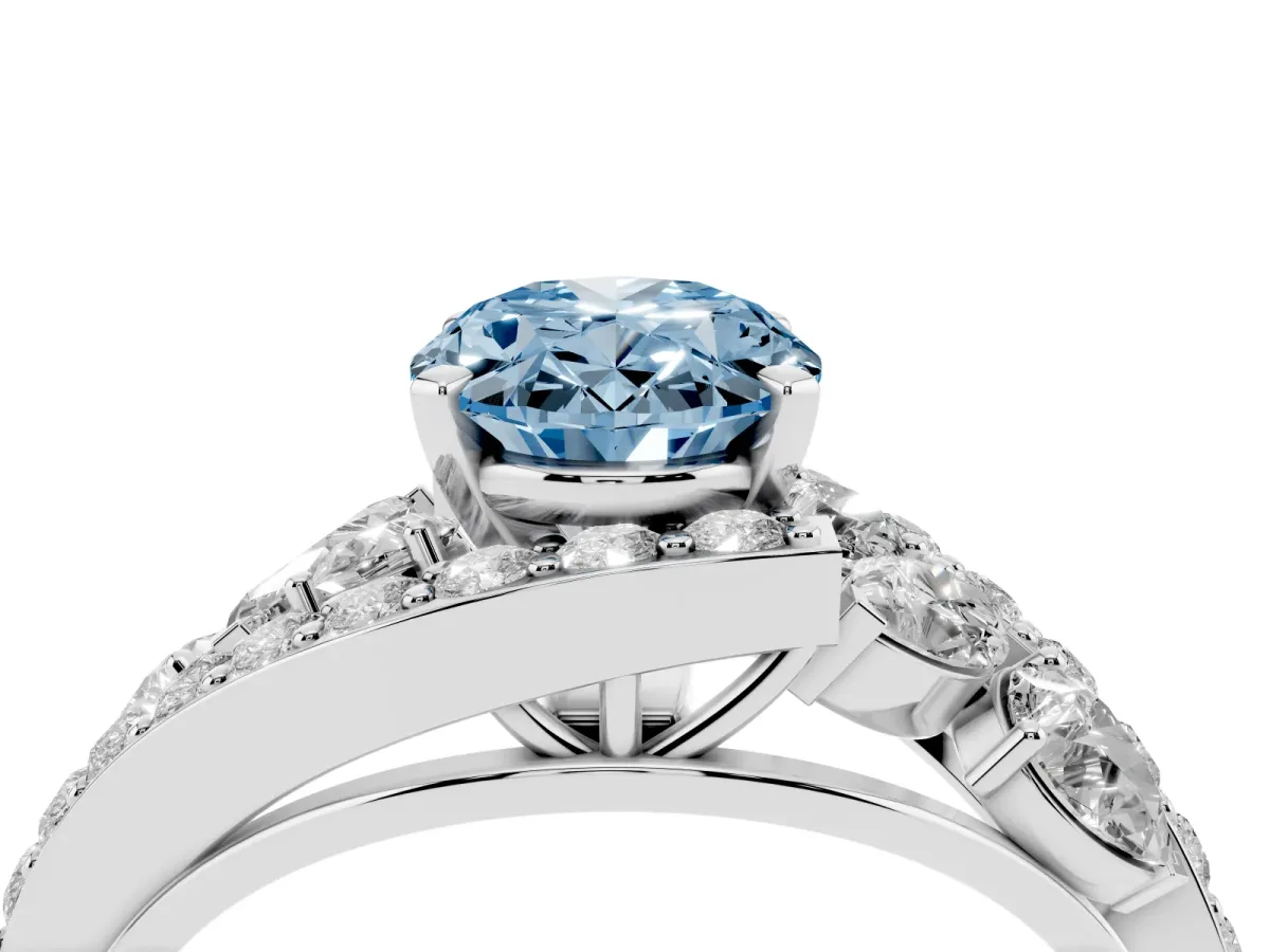 Fancy Blue Oval Cut Diamond Halo Ring with Marquise and Pavé Band in Prong Setting White gold