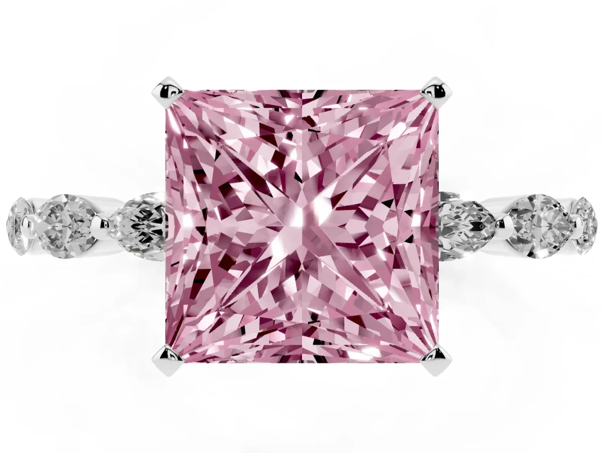 Fancy Pink Princess Cut Diamond Ring with Marquise Side Stones and Prong Setting Platinum