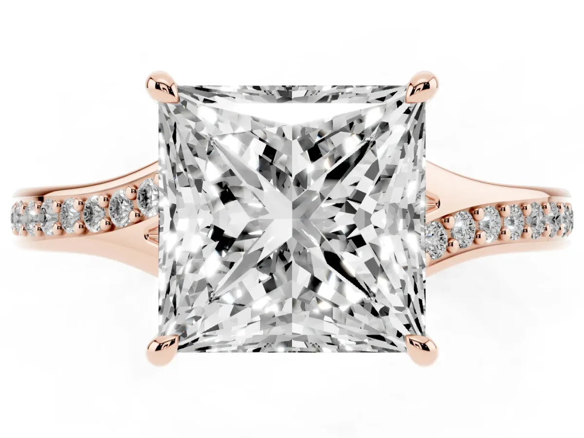 Princess Cut Diamond Solitaire Ring with Pavé Band and Prong Setting Rose gold