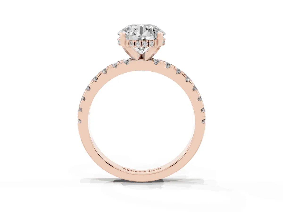 Round Cut Diamond Solitaire Ring with Round Pavé Band and Four-Prong Setting Rose gold