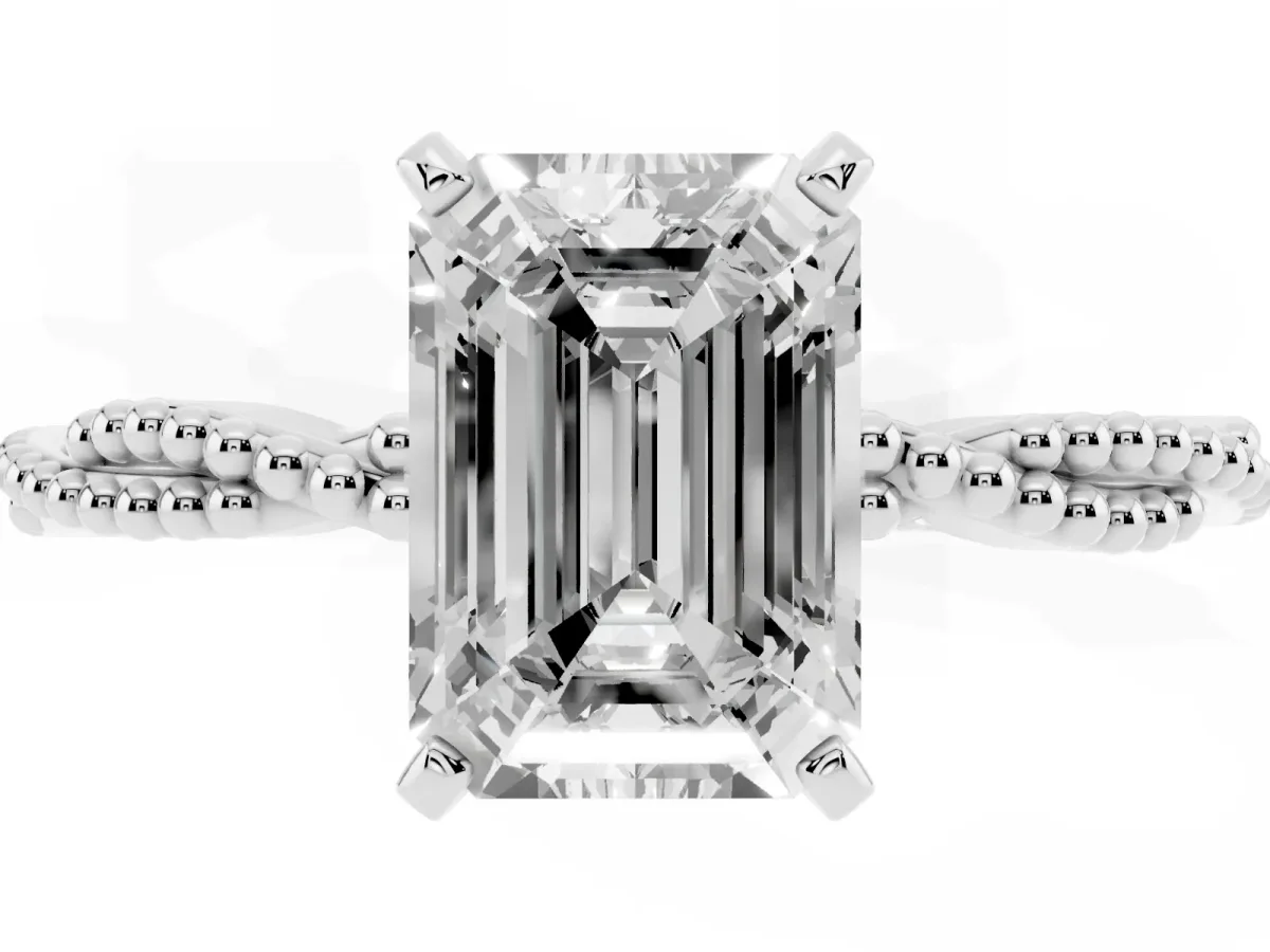Emerald Cut Solitaire Twisted Band with Bead Prong Setting Silver