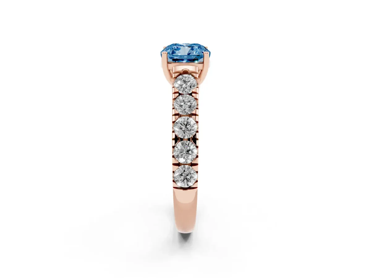 Fancy Blue Cushion Cut Cut Diamond Solitaire Ring with Micro Pave Band and Prong Setting Rose gold