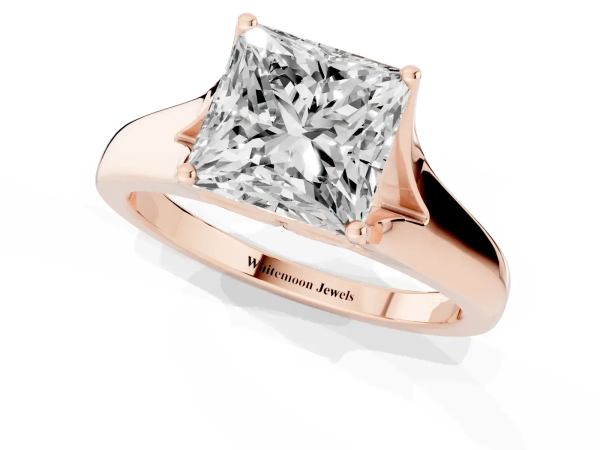 Princess Cut Solitaire Diamond Ring with Cathedral Band and Four-Prong Setting Rose gold